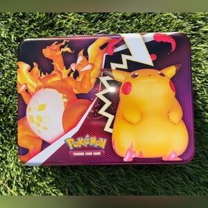 Pokemon lunch box with charizard/pikachu cover tin metal TCG collectors chest